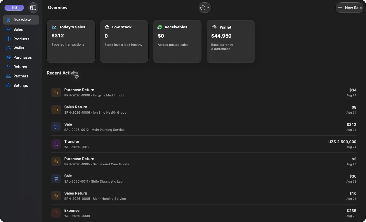 MedERP macOS overview showing sales, stock, receivables, wallet balance, and fictional demo activity