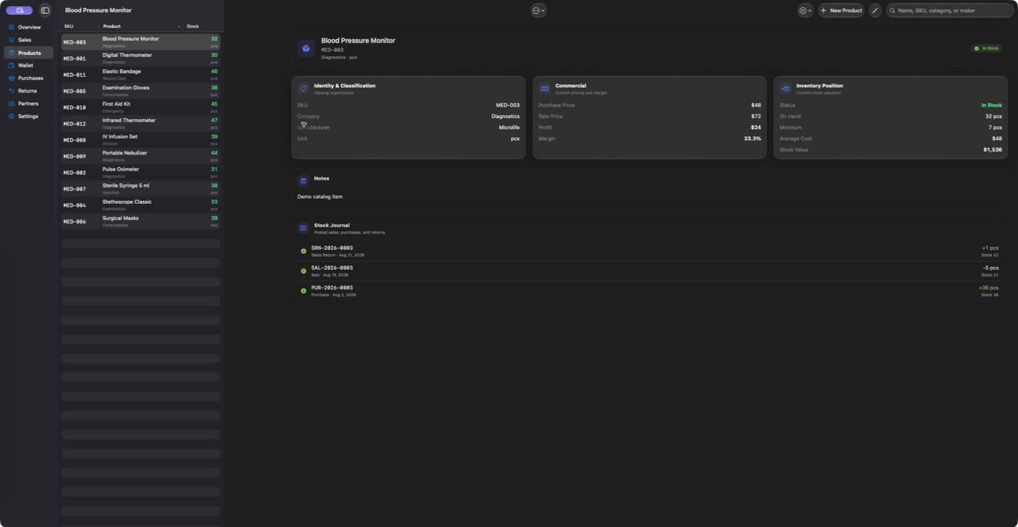 MedERP product catalog showing fictional products, SKUs, stock levels, pricing, and inventory journal