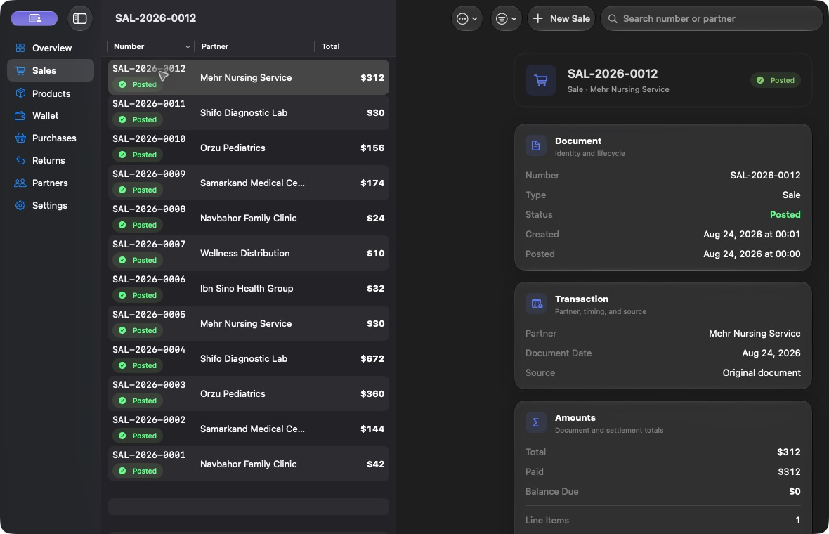 MedERP sales screen showing a fictional posted sale, partner, total, payment, and balance due