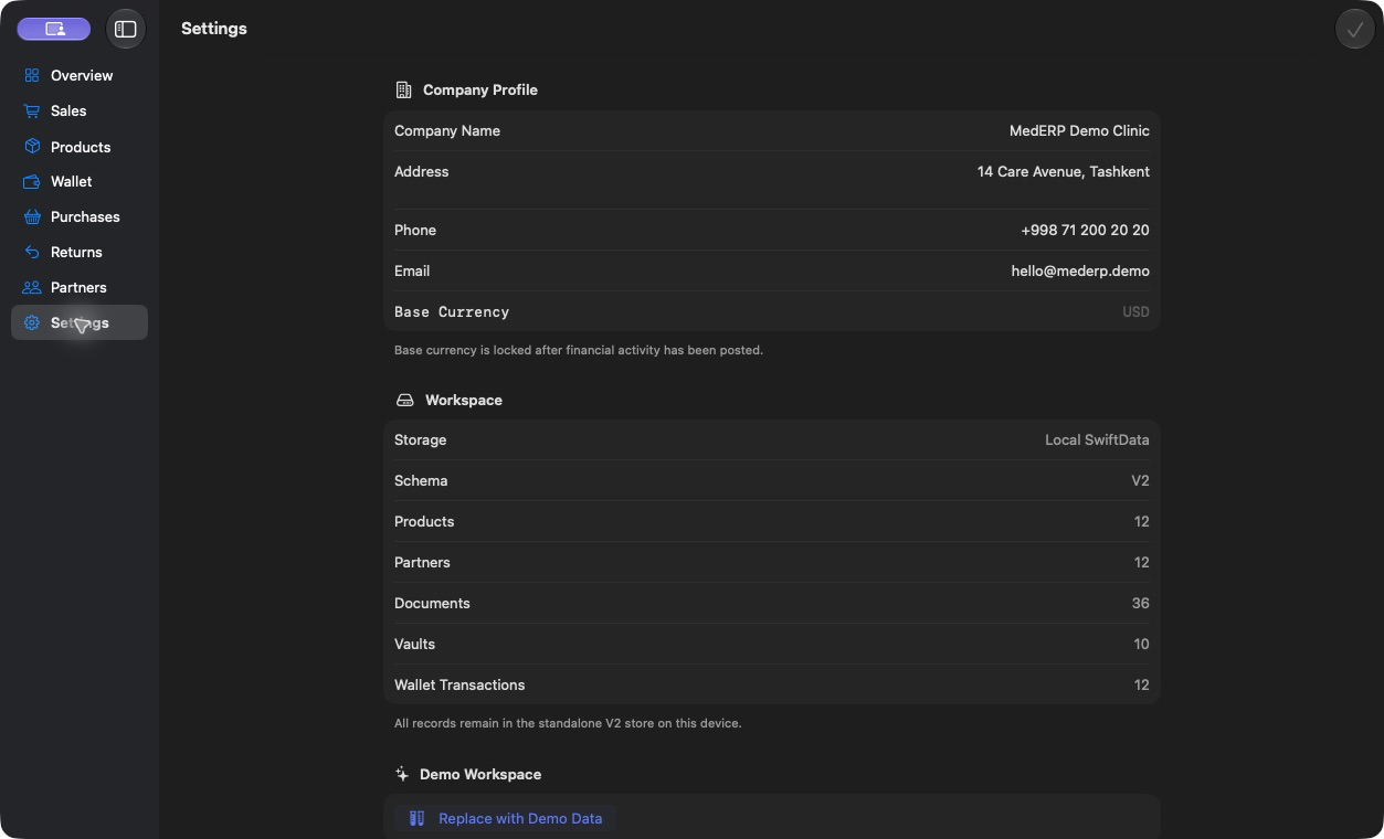 MedERP settings showing a fictional local SwiftData workspace and record counts
