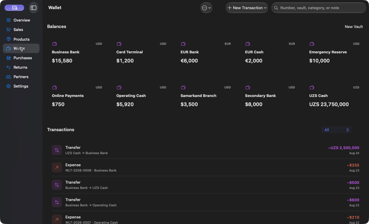 MedERP wallet screen showing fictional multi-currency vault balances, transfers, and expenses